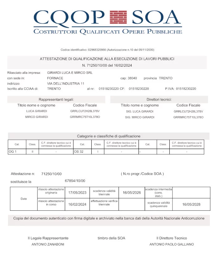 OG1-OS32 Certificazioni Girardi Costruzioni Trento